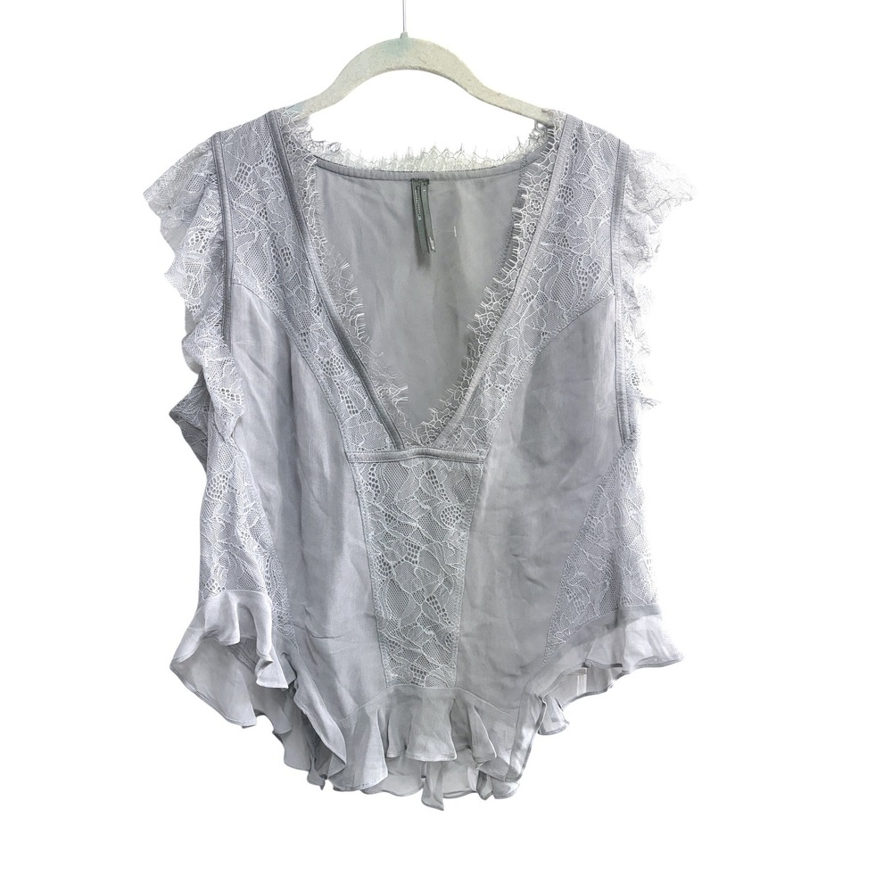 Anthropologie Lace Trim Ruffle Tank Top Grey Romantic V-Neck Viscose Blouse L